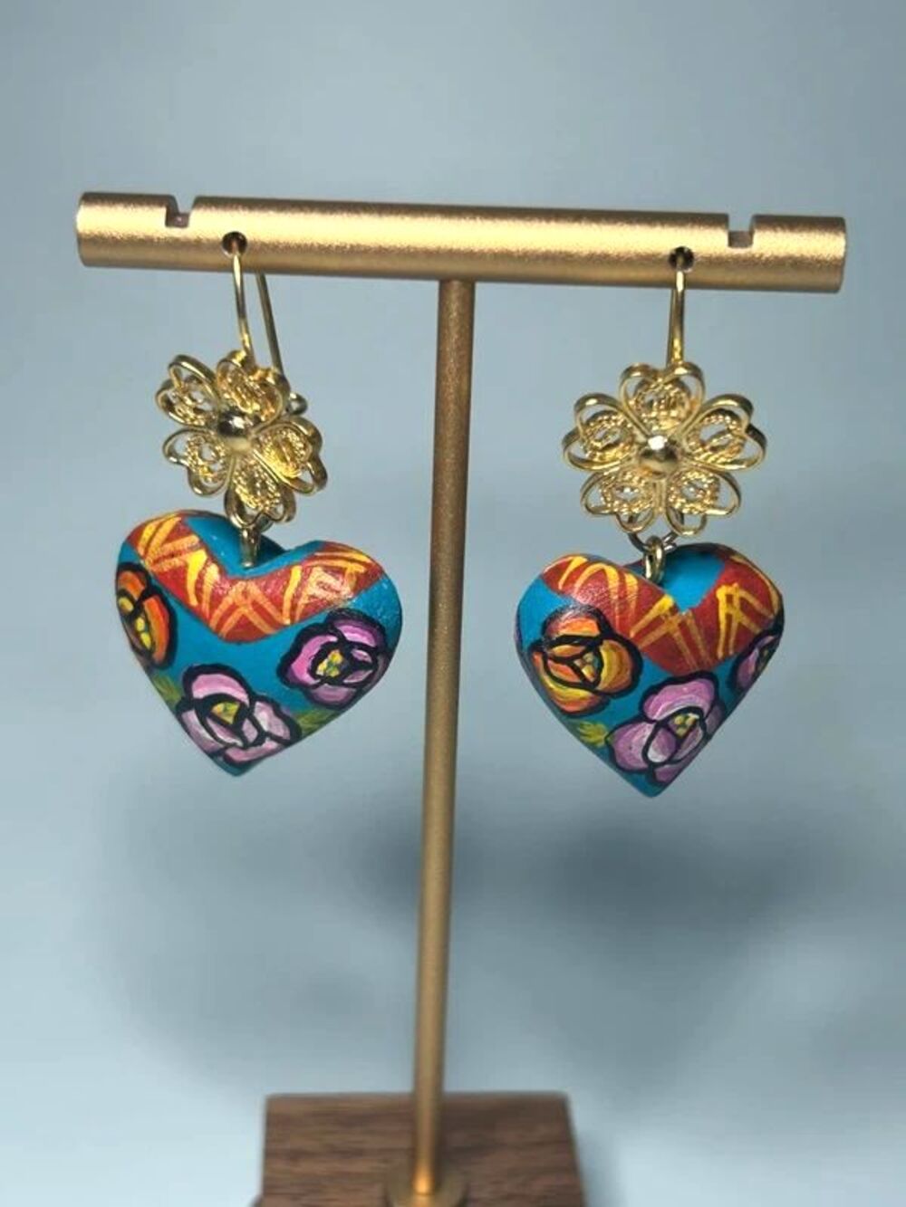 Handmade Floral Heart Earrings – Colorful Artisan Folk Art Jewelry